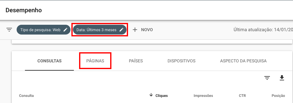 Escolha um período e clique em "Páginas"