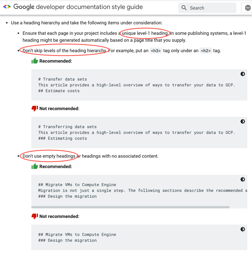 Recomendações Headings Google Dev