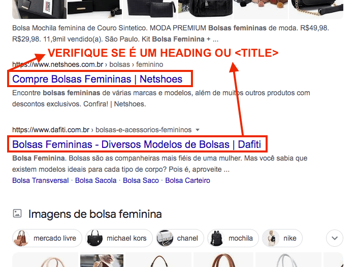 Verificar se o que esta na SERP é um Heading ou Title do seu site.