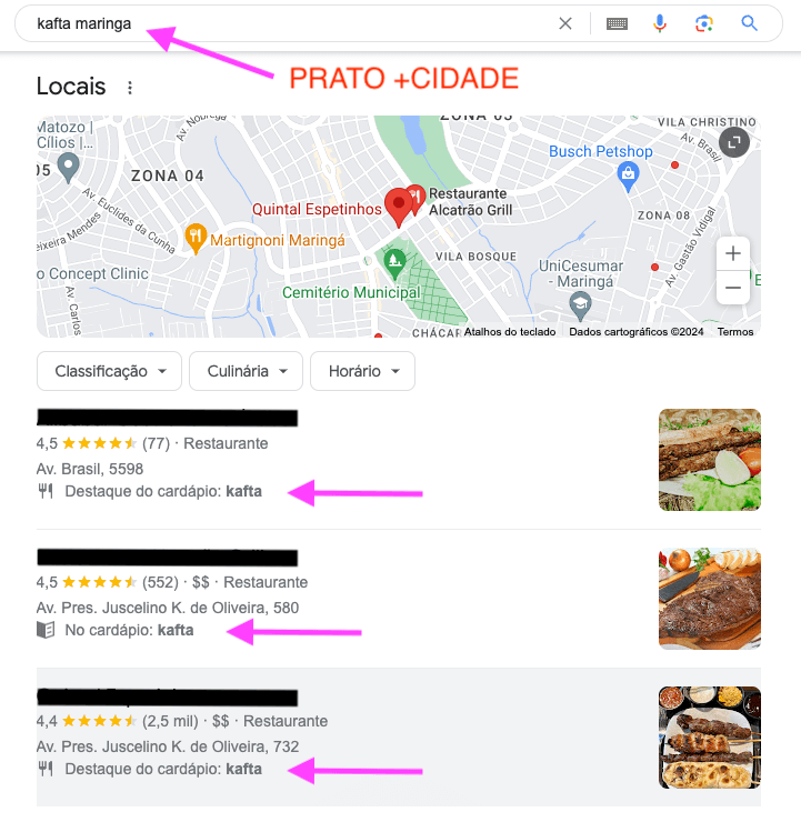 google negocio - indicação de pratos e menu